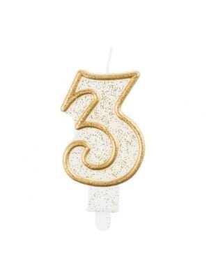 Číslicová Svíčka "3", Třpytivé Zlato, 7,5 cm