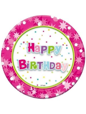 Papírové talíře "Happy Birthday - růžové", 18 cm, 6 ks