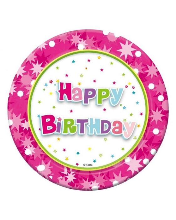 Papírové talíře "Happy Birthday - růžové", 18 cm, 6 ks