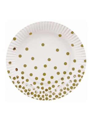 Papírové talíře Zlaté tečky, bílé, 18 cm, 6 ks