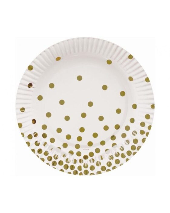 Papírové talíře Zlaté tečky, bílé, 18 cm, 6 ks