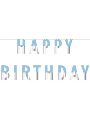 Papírová Girlanda 'Happy Birthday', Modro-Stříbrná, 160 cm