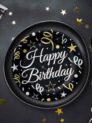 Papírové talíře Happy Birthday cerne