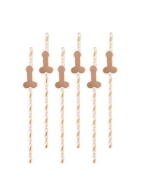 Papírová brčka s penisem - Růžové zlato, 6 ks