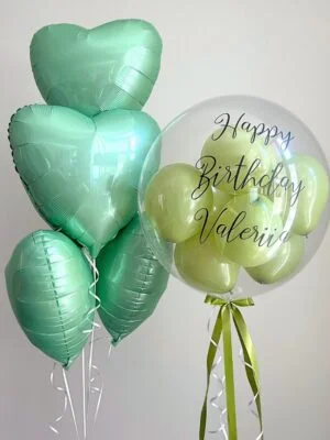 balonky zelene srdicka a balonek s napisem