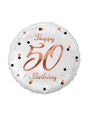 Fóliový balónek Happy 50 Birthday, bílý a růžovo-zlatý, 46 cm