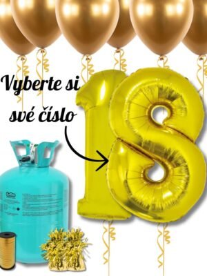 Helium a Balónky - Zlatý Set s Číslem dle Výběru