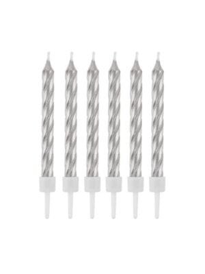 Stříbrné Svíčky na Dort s Držáky - 12 ks