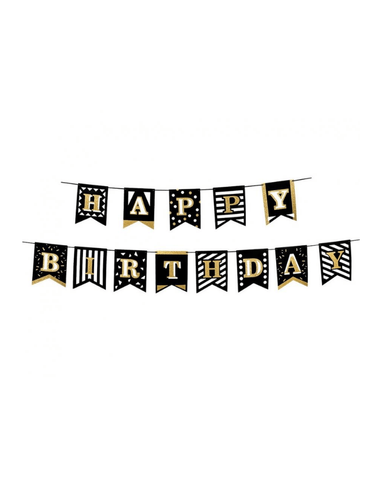 Papírová Girlanda Happy Birthday - Black & Gold Party, 200 cm