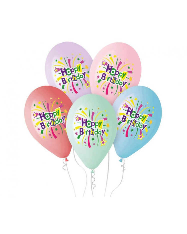 Balonky s potiskem Happy Birthday 30 cm pastelove - 5 ks